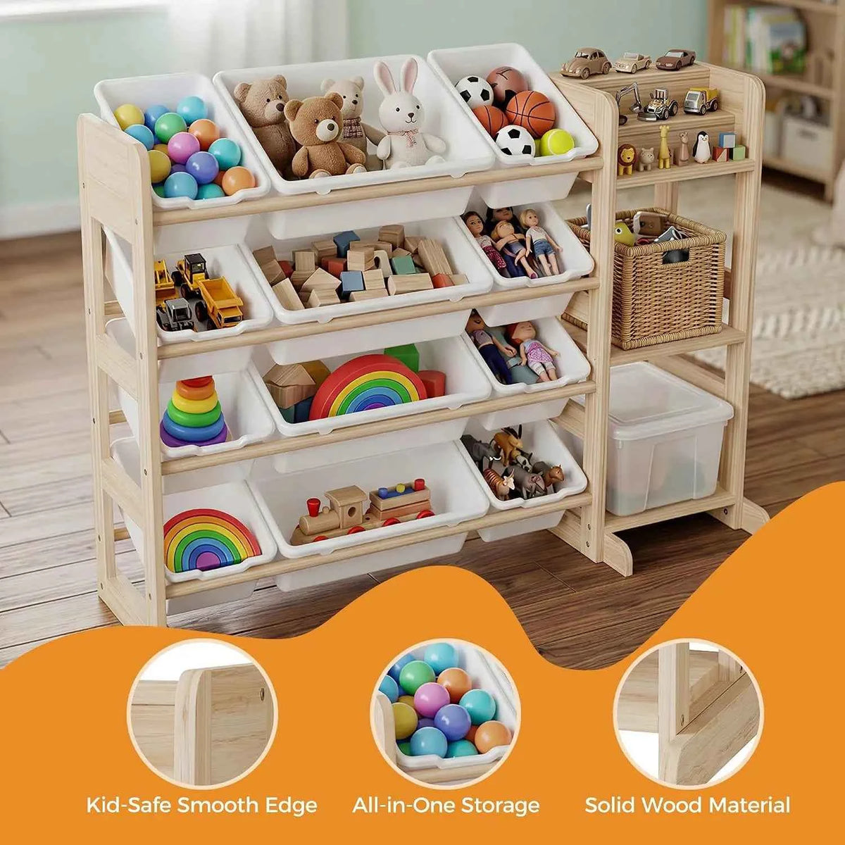 Tacleekii 42" 52" Wide Kids Toy Storage Organizer with 12 Bins & 3 Open Shelves. Solid Wood Storage Unit