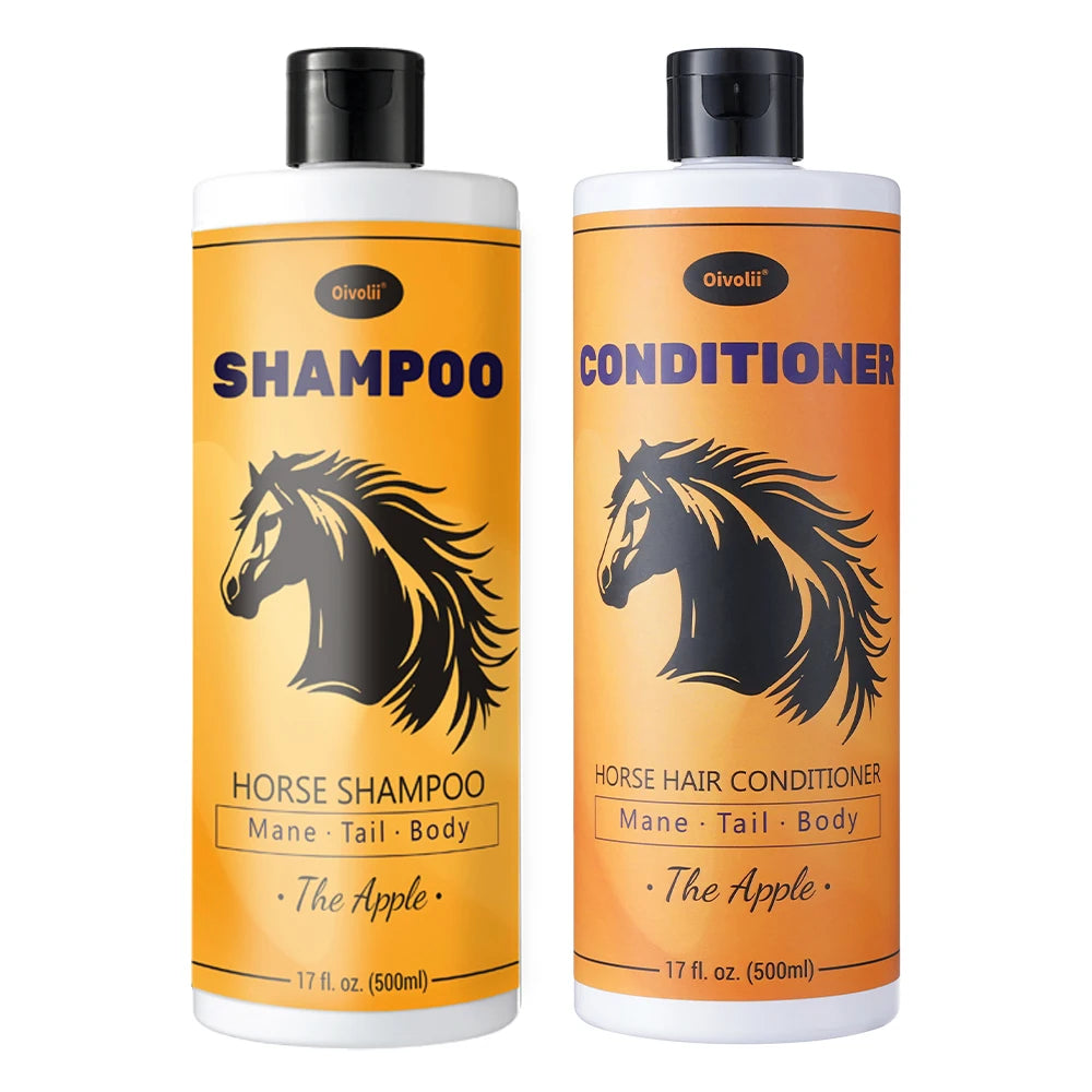 Horse Shampoo & Conditioner, 500ml, Apple Scented, Gentle Moisturizing for Mane & Tail Care. Deep Nourishing for Coat. Full Body Cleaning for Shiny Hair
