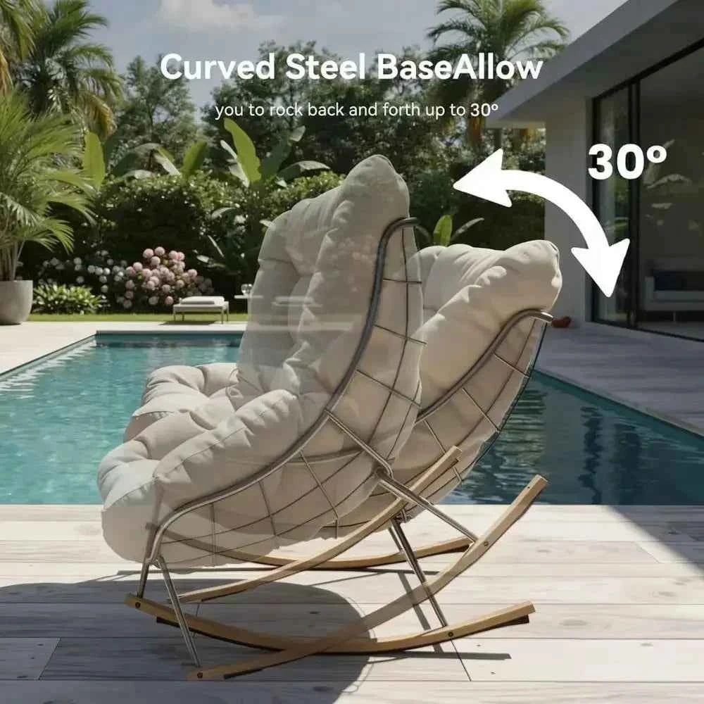 Oversized Outdoor Rocking Chair with Cushion, Egg-shaped Papasan for Patio, Garden, Beige