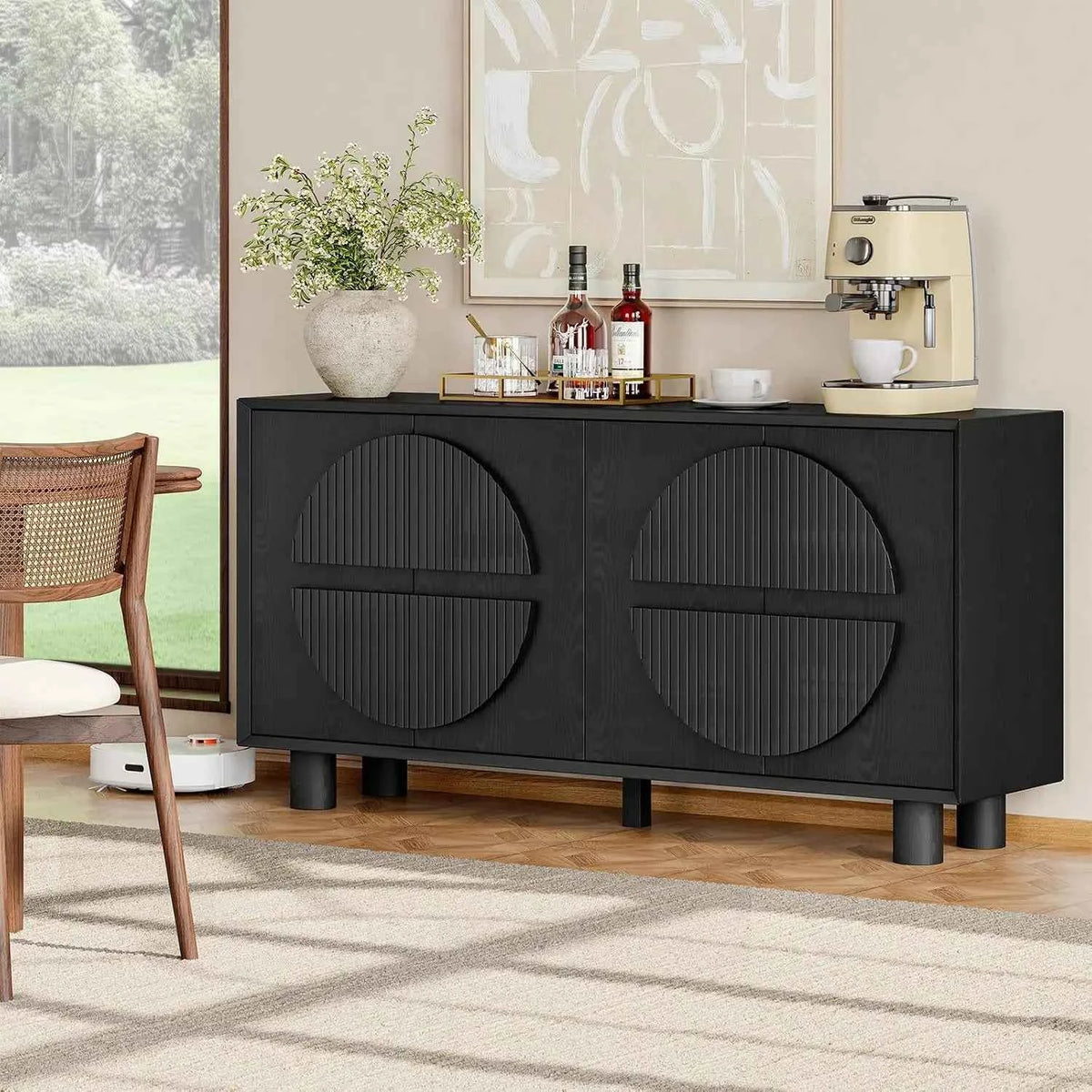 ONBRILL 63 Inch (160cm) Modern Fluted Buffet Cabinet - Storage Sideboard w/Push-Spring Doors, Entryway Dresser, Black