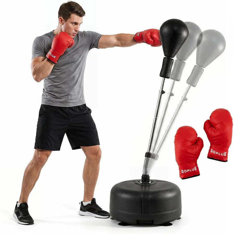 Adjustable Reflex Punching Bag with Stand, 4-Height Settings (54.5"-62"), Fillable Base, 6 Suction Cups, PU Boxing Gloves, Portable Home Gym Fitness Equipment
