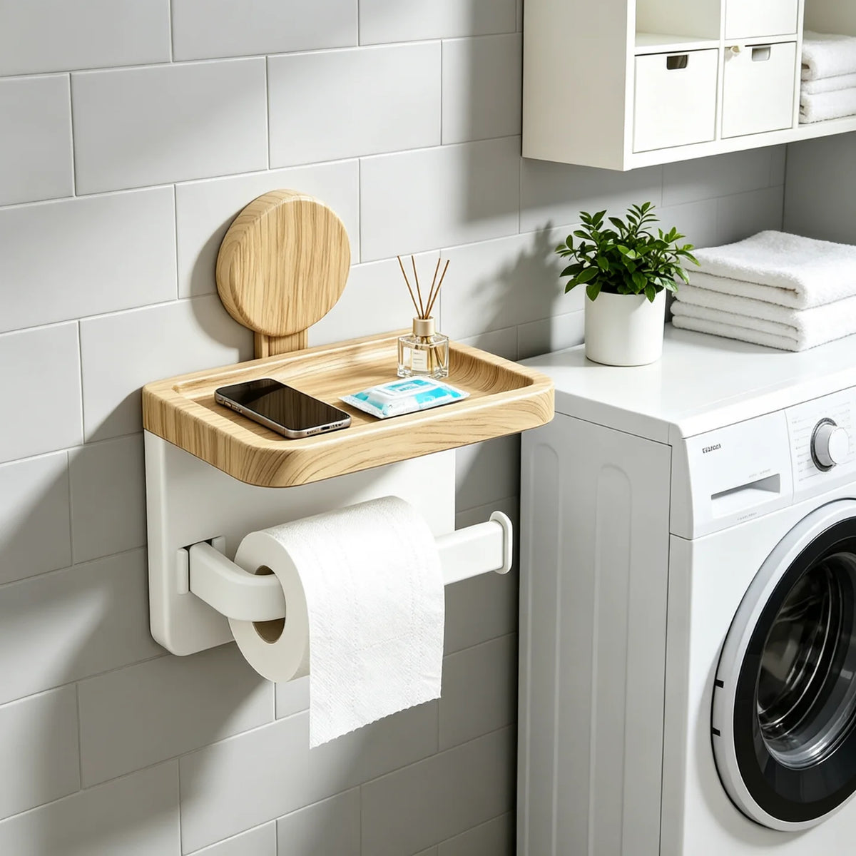 No Drill Wall Suction Cup Toilet Paper Holder Wood‑Look Tray Bathroom Tissue Holder with Phone Shelf