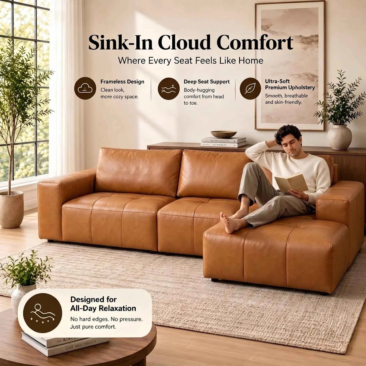 114" Cloud Sectional Sofa with Chaise, L-Shaped Modular Faux Leather Couch, Boneless Deep Seat Sofa. No Assembly Needed. Brown