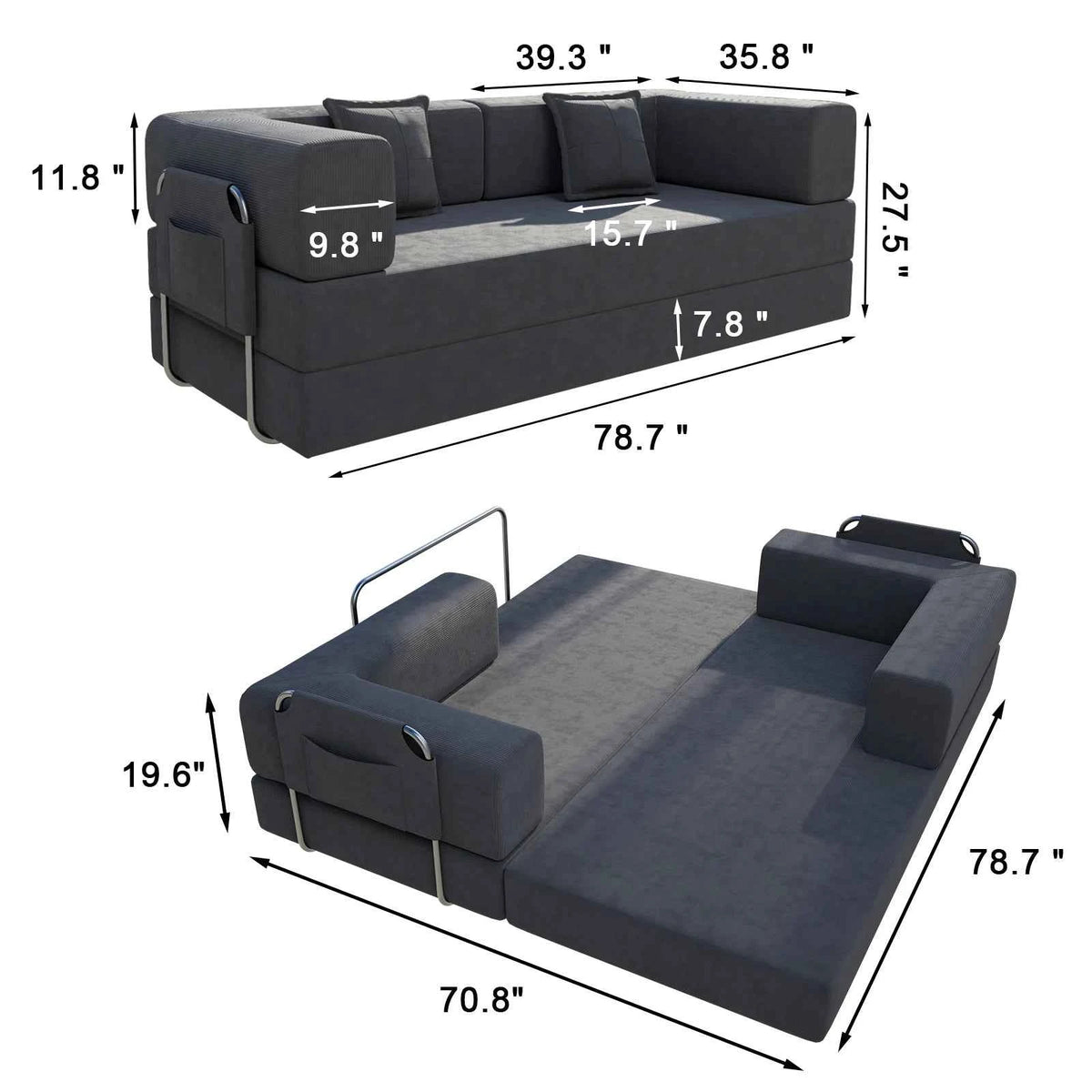 78.7" Convertible Sleeper Sofa Bed, Modular Corduroy Foldable Futon Loveseat, Compression in Box with Fixed Frame, Removable Armrests & Backrest, No Tool Assembly.
