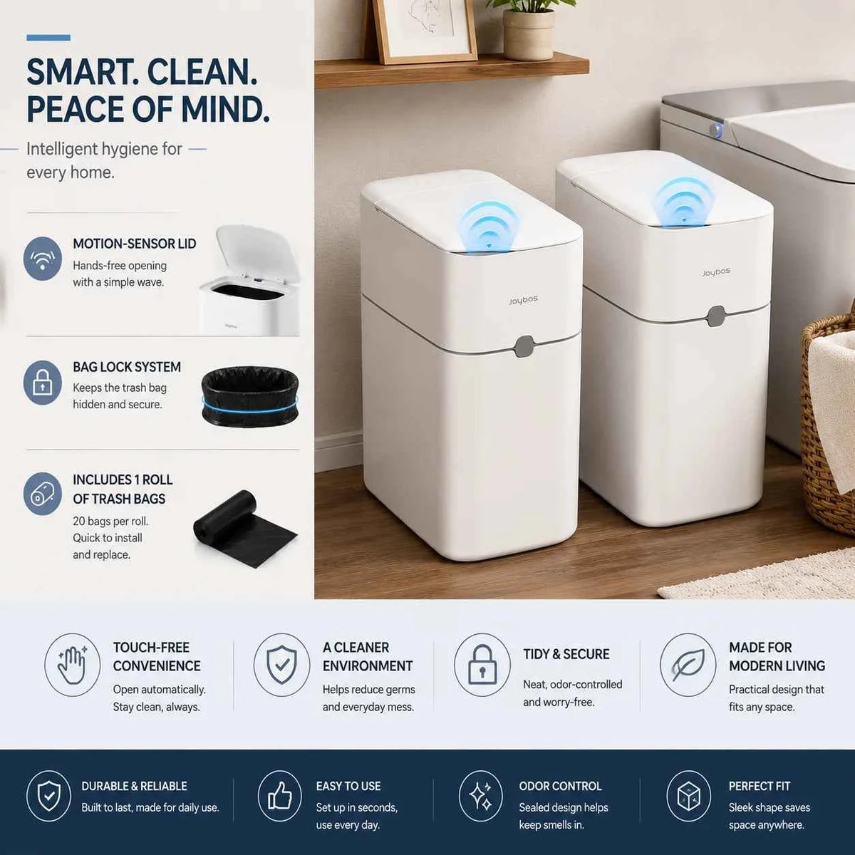 JOYBOS Touchless Trash Can with Motion Sensor & Auto Bag-Suction System, Hands-Free Operation Suitable for Small Spaces, Compact Waste Bin with Press-to-Open Lid, ABS/Polypropylene Garbage Pail, RV, Narrow Corners, RV Essenti