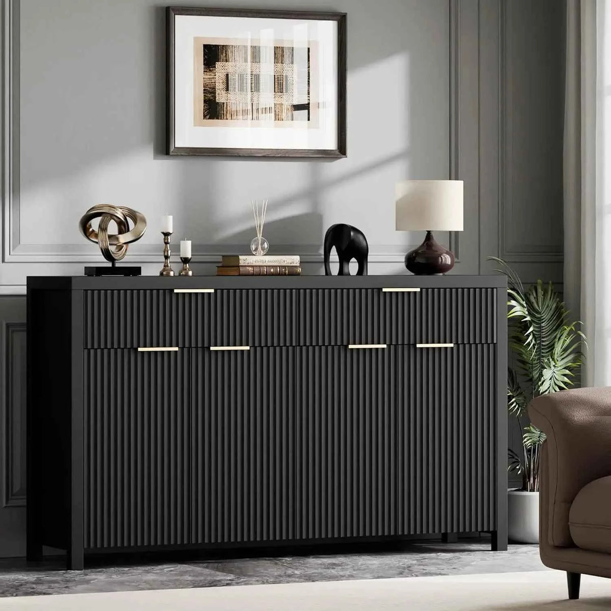 55" Fluted Wood Buffet Sideboard Cabinet, Adjustable Shelves. Custom