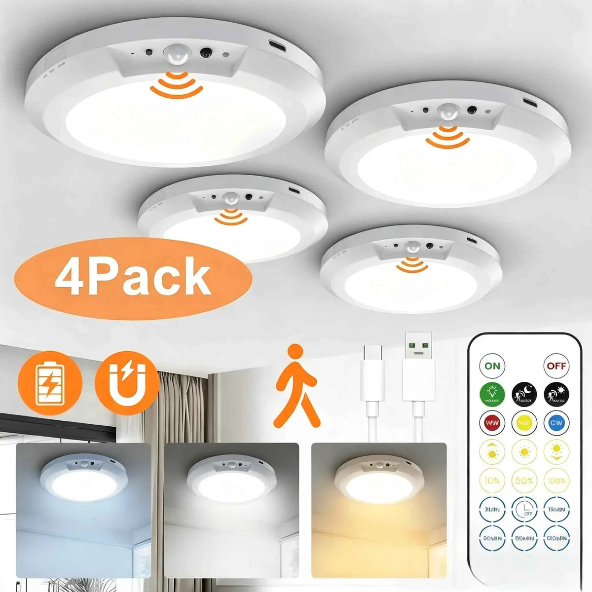 4/2Pack Rechargeable Sensor Ceiling Light with Remote Control, USB Charging, Magnetic Wireless Ceiling Light, Battery Powered.