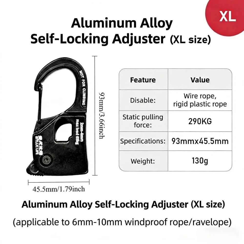 1×Aluminum Alloy Tent Rope Tensioner. Stainless Steel. Self Lock Rope Adjuster 2-10mm. Anti-Slip Tarp Tightener. Outdoor Accessories