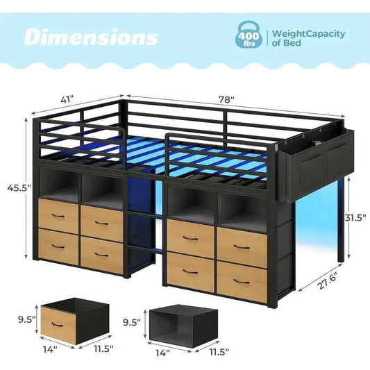 ADORNEVE Low Twin Size Bed with 8 Storage Drawers with Storage Bookcases. Natural color. LED Lights, 14" H Safety Guardrail,