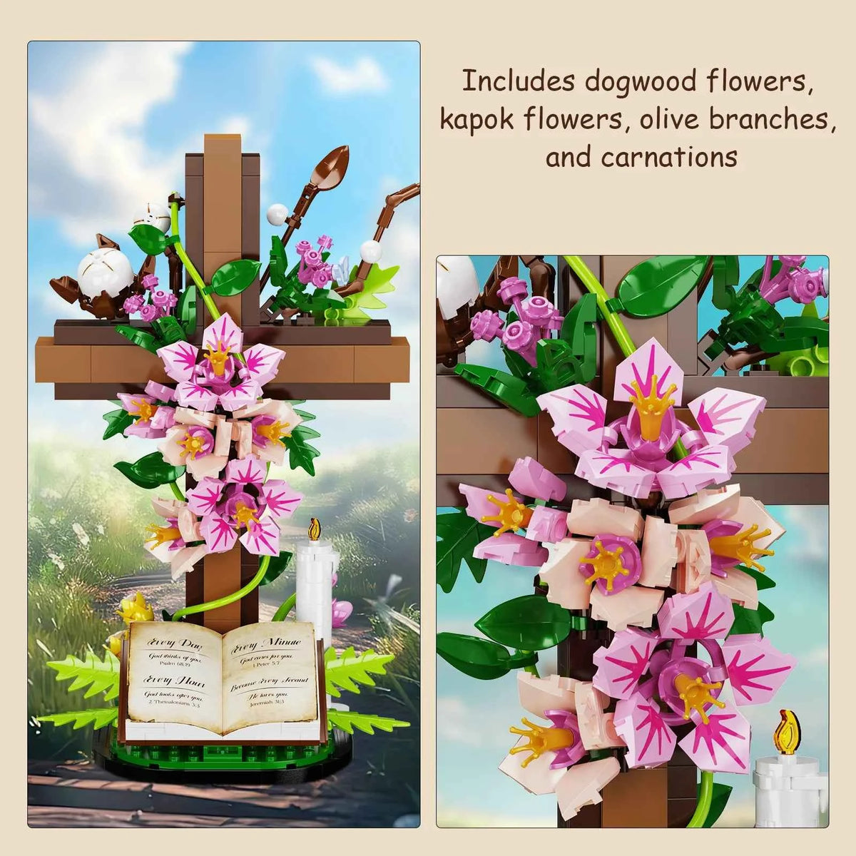 Jesus Cross with Flowers Building Blocks Set with Easter Bible. Themed Decorative Items. Religious Gifts for Adults (568 PCS)