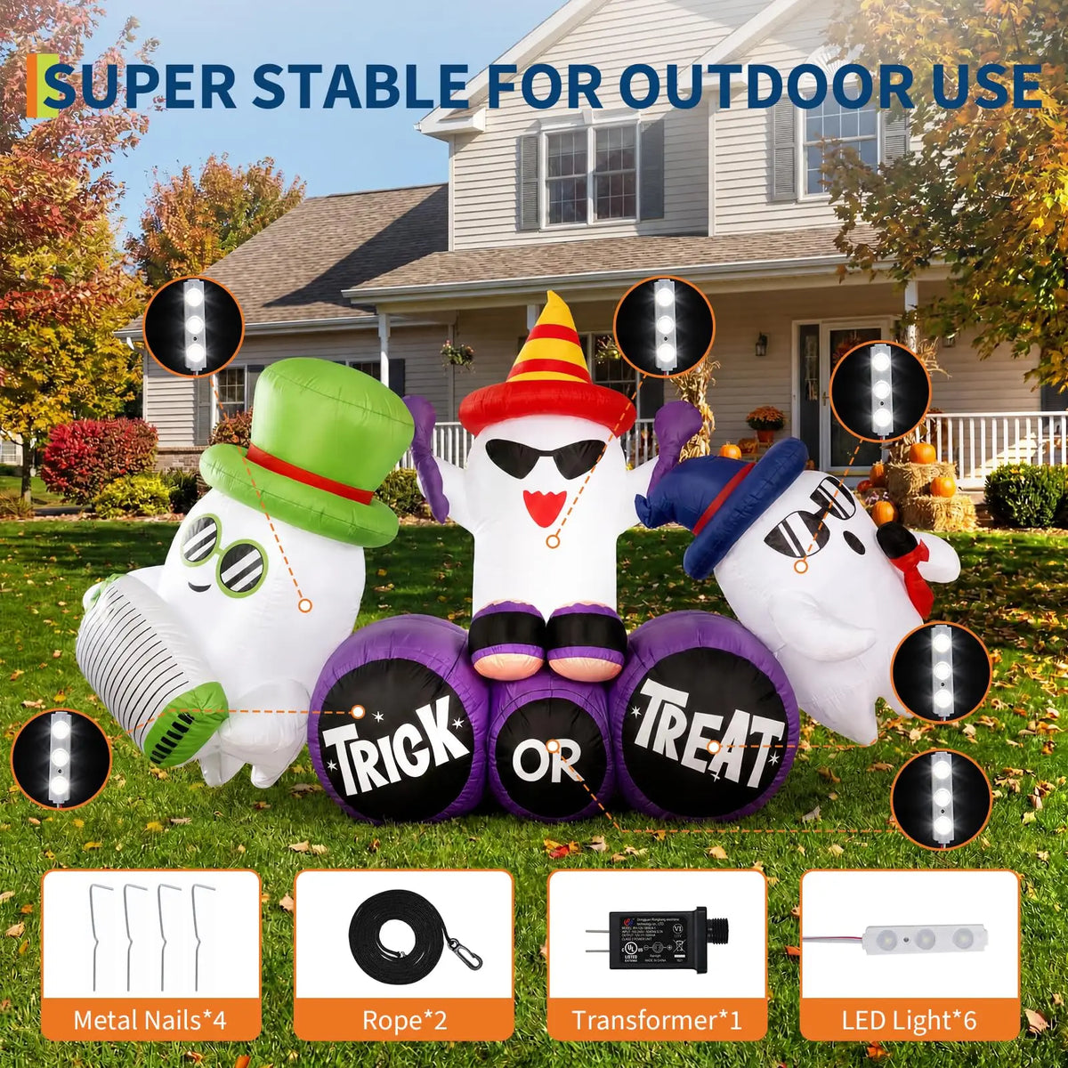 8ft Halloween Ghost Band. Inflatable Outdoor Yard Decoration With 6 Led Lights, Trick Or Treat Blow Up For the Lawn.