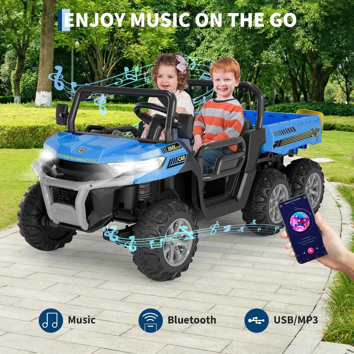 24V Kids Electric Ride Dump Truck, a 2 Seater 4WD with 6 Wheels. Parent Remote Control with 3 speeds. With Dump Bed, Bluetooth for Music, LED Lights, 2 Speeds