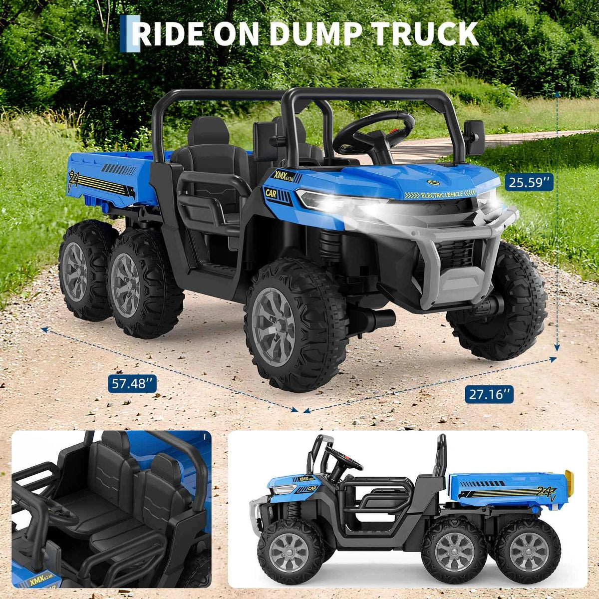 24V Kids Electric Ride Dump Truck, a 2 Seater 4WD with 6 Wheels. Parent Remote Control with 3 speeds. With Dump Bed, Bluetooth for Music, LED Lights, 2 Speeds