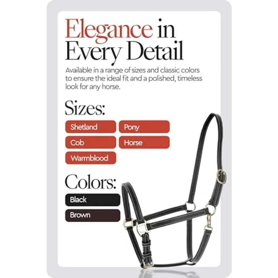 Fremont Soft Leather Horse Halter for Everyday Use. Genuine Leather - Black. Fully Adjustable with Brass Hardware & Contrast Stitching