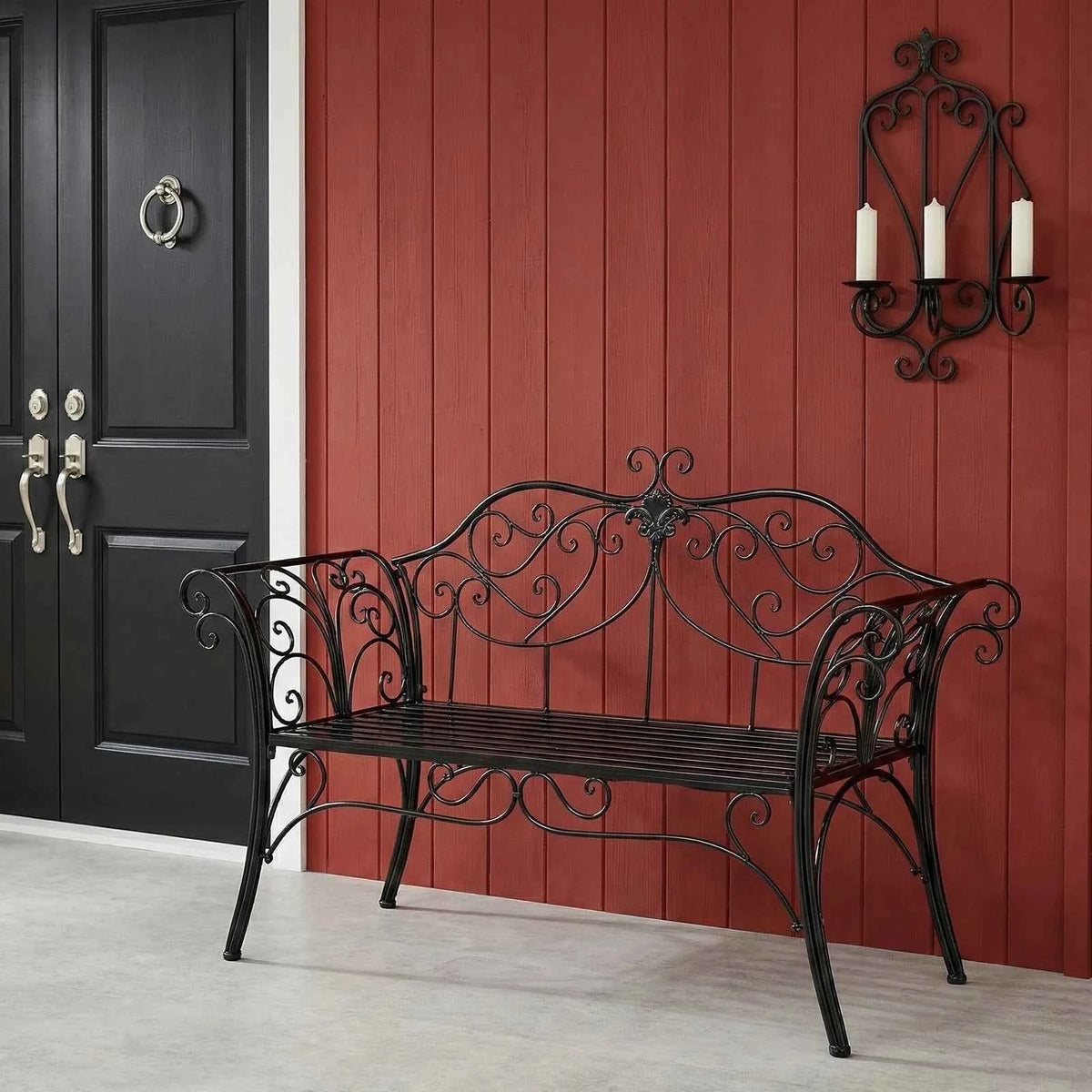 HLC Wrought Iron Two-Seater Garden Bench with Decorative Wrought Iron Backrest, Outdoor Garden Bench, 133x90x49 cm, Balcony, Patio, Rust-Proof, Black