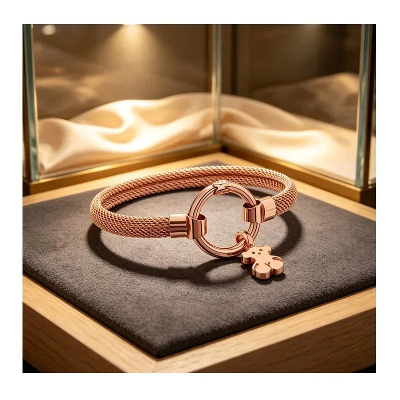 Rose Gold Plated Mesh Bracelet With Cute Bear Charm For Women Minimalist Daily
