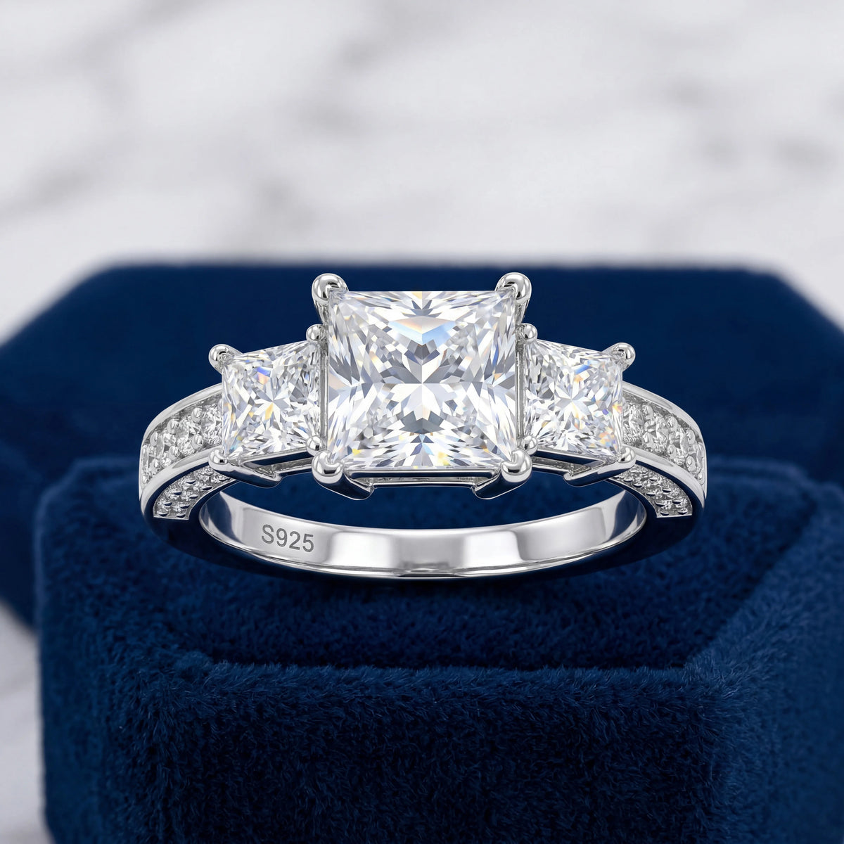 Princess Cut Three Stone Moissanite Ring, S925 Silver, D Color VVS1, 3ct, Hip Hop, Passes Diamond Tester