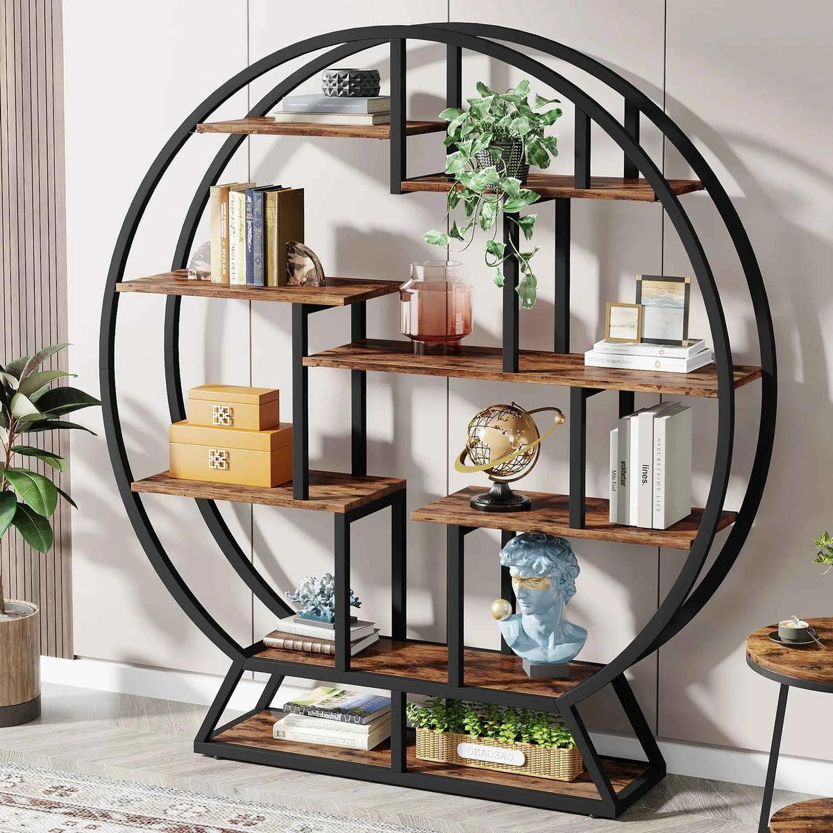 Etagere Bookcase, 63-Inch Industrial Wood Book Shelf with Staggered Shelves