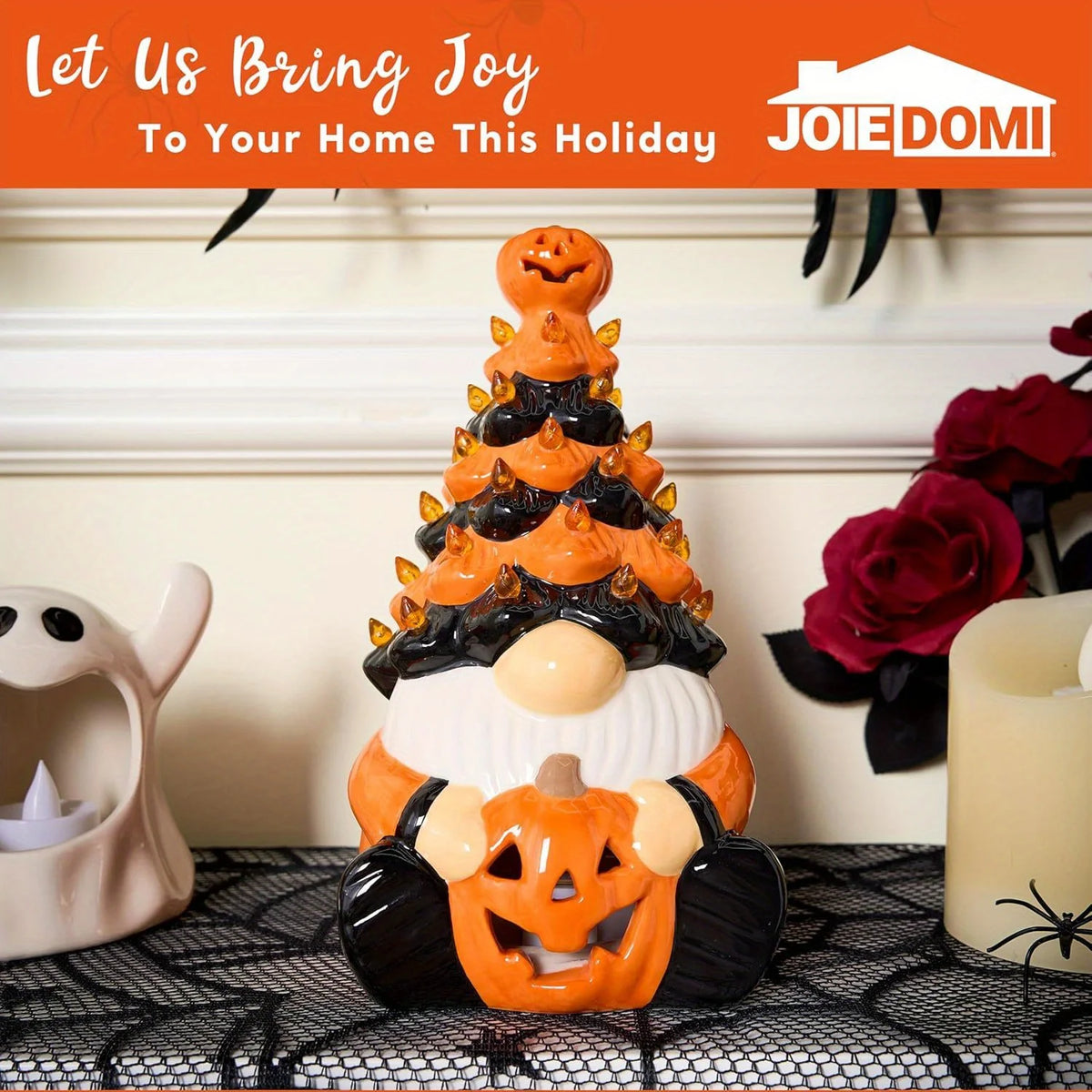 8.5 inch Tall Halloween Pumpkin Gnome Decoration, Ceramic Tree with Build-in LEDs. Tabletop Decor for Halloween, Indoor Party, Battery Operated,