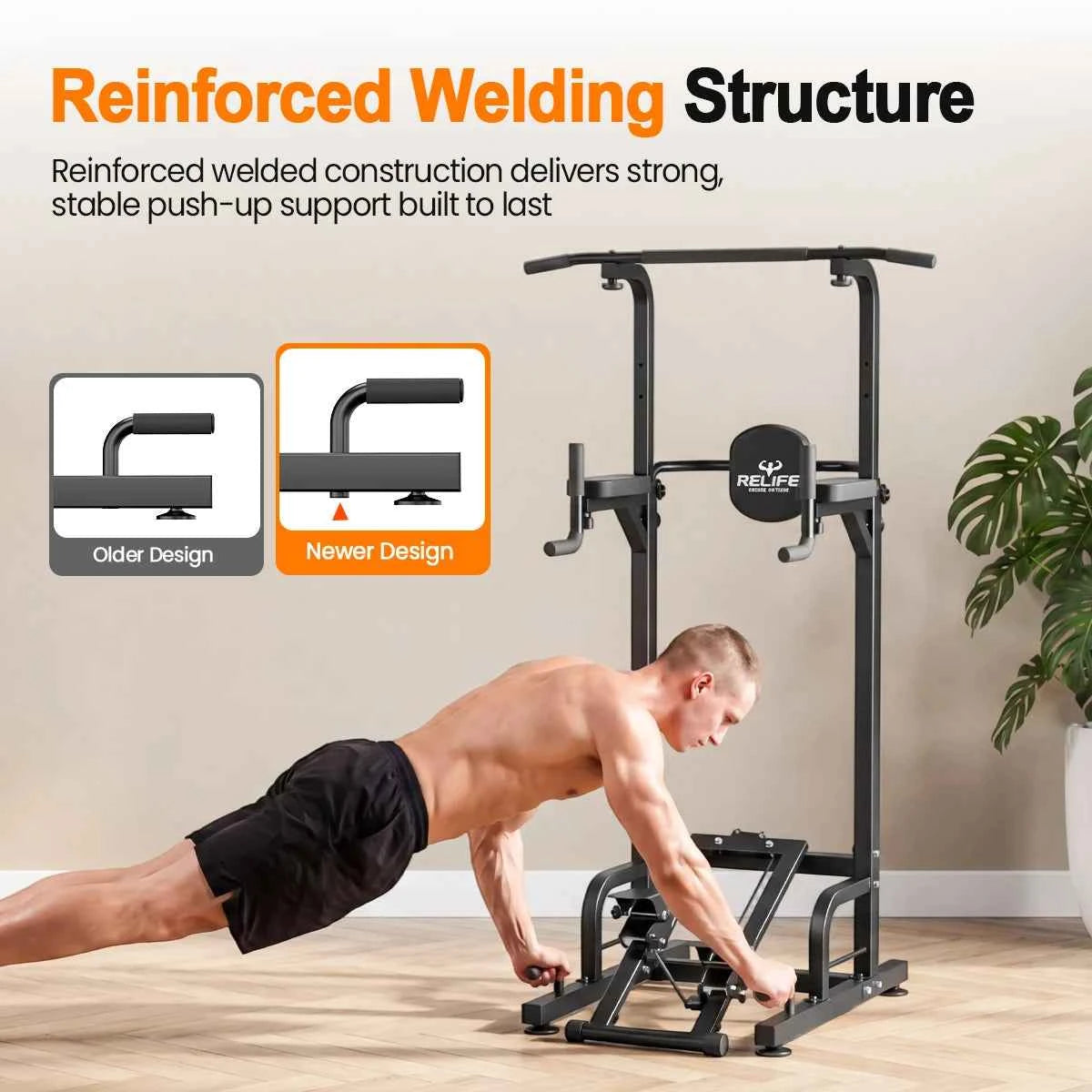 RELIFE Multifunctional Power Tower. Pull Up/ Dip Station. Free Standing Pull Up Bar with Stepper Machine, Adjustable Height Workout Rack. 450LBS Load. Full Body Strength Training Fitness Equipment for Pull Ups Chin Ups Dips L