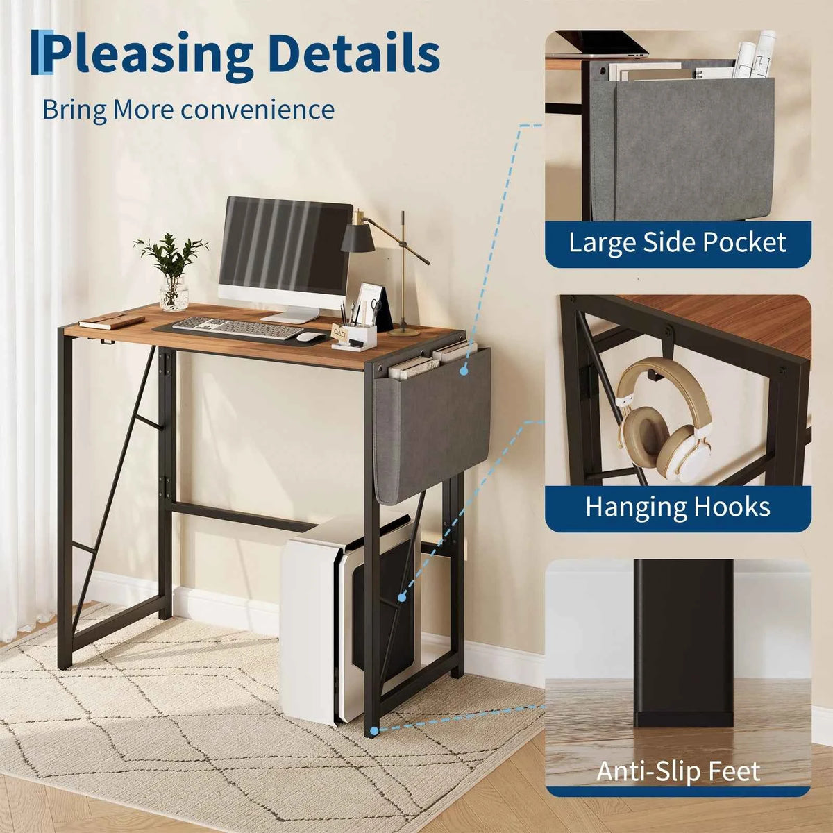 31.5inch Folding  Desk with Headphone Hook & Storage Bag,  Desks for Small Spaces, Bedroom, Apartment, Easy to Fold