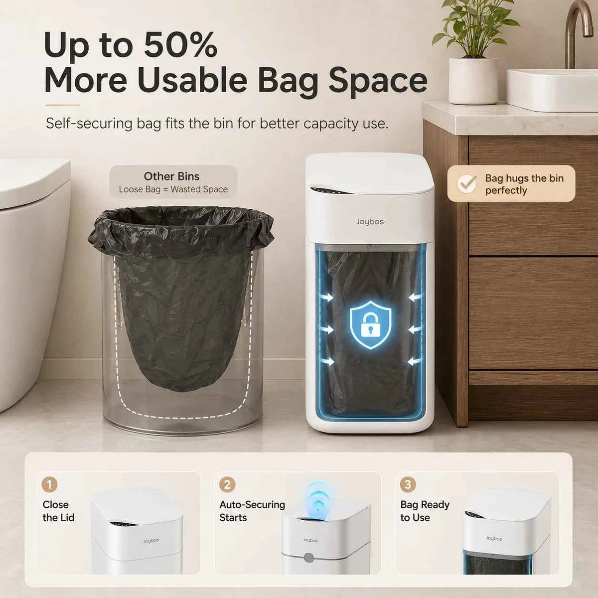 JOYBOS Touchless Trash Can with Motion Sensor & Auto Bag-Suction System, Hands-Free Operation Suitable for Small Spaces, Compact Waste Bin with Press-to-Open Lid, ABS/Polypropylene Garbage Pail, RV, Narrow Corners, RV Essenti