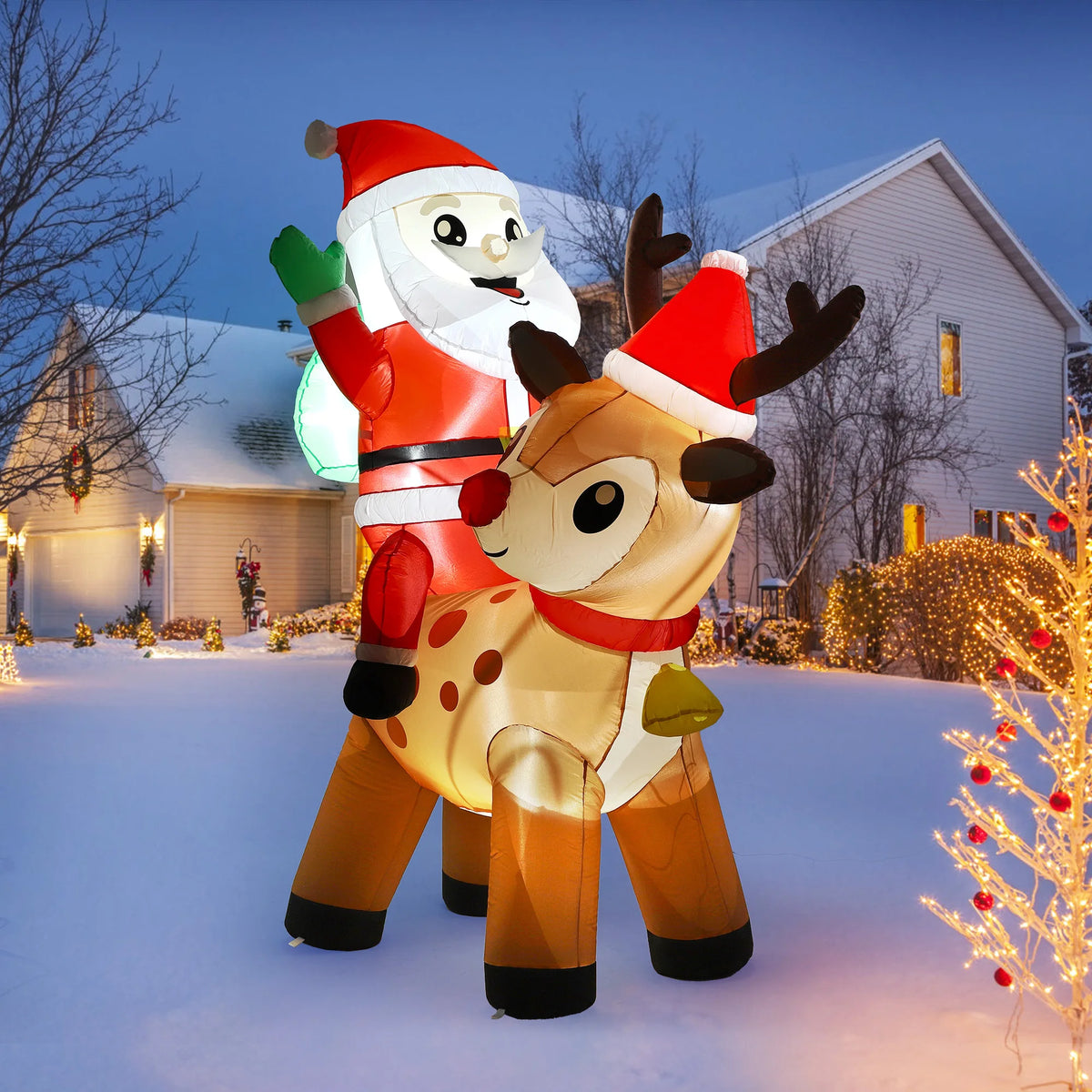7FT Giant Inflatable Santa Claus with Reindeer Outdoor Christmas Decoration. Built In LED Lights. Weatherproof Polyester for Winter Festival Yard, Display Props