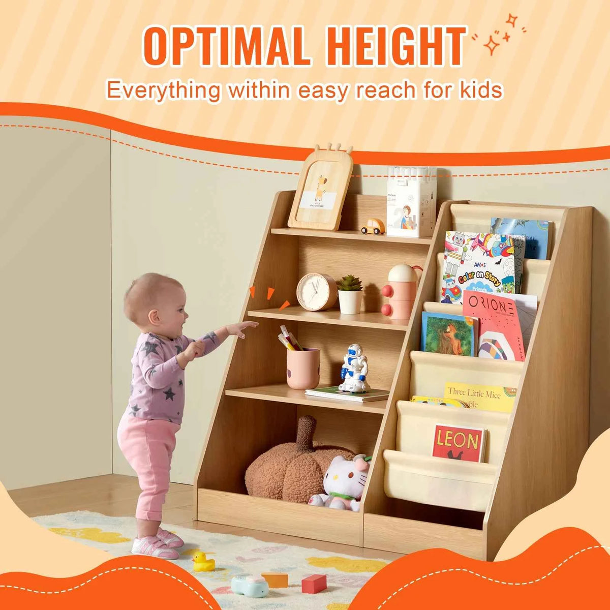 VEVOR 4-Tier Kids Wooden Bookshelf with Six-Layer Sling Bookcase.