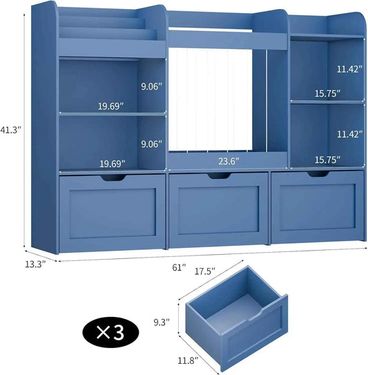 61" W Toy Organizer with Stuffed Animal Storage ＆ 3 Tier Bookshelf