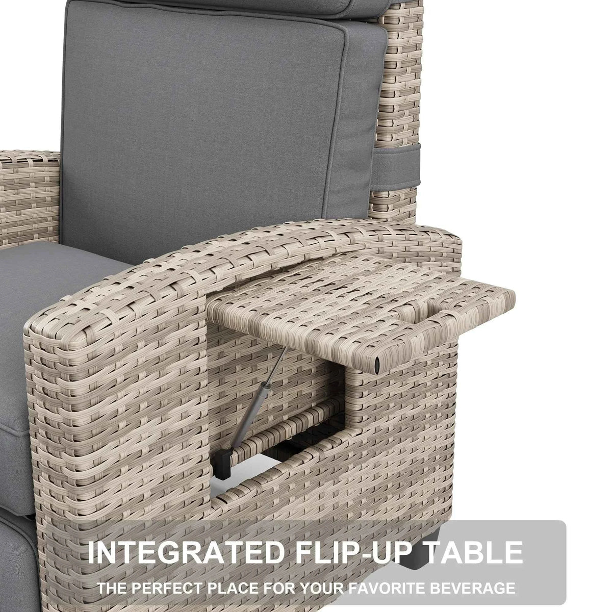 Recliner Chair with Adjustable Wicker,150° Lay-Flat Backrest & Footrest,Flip-Up Side Table,Removable Thick Cushion,Comfortable Chair for Patio Indoor and Outdoor,Grey
