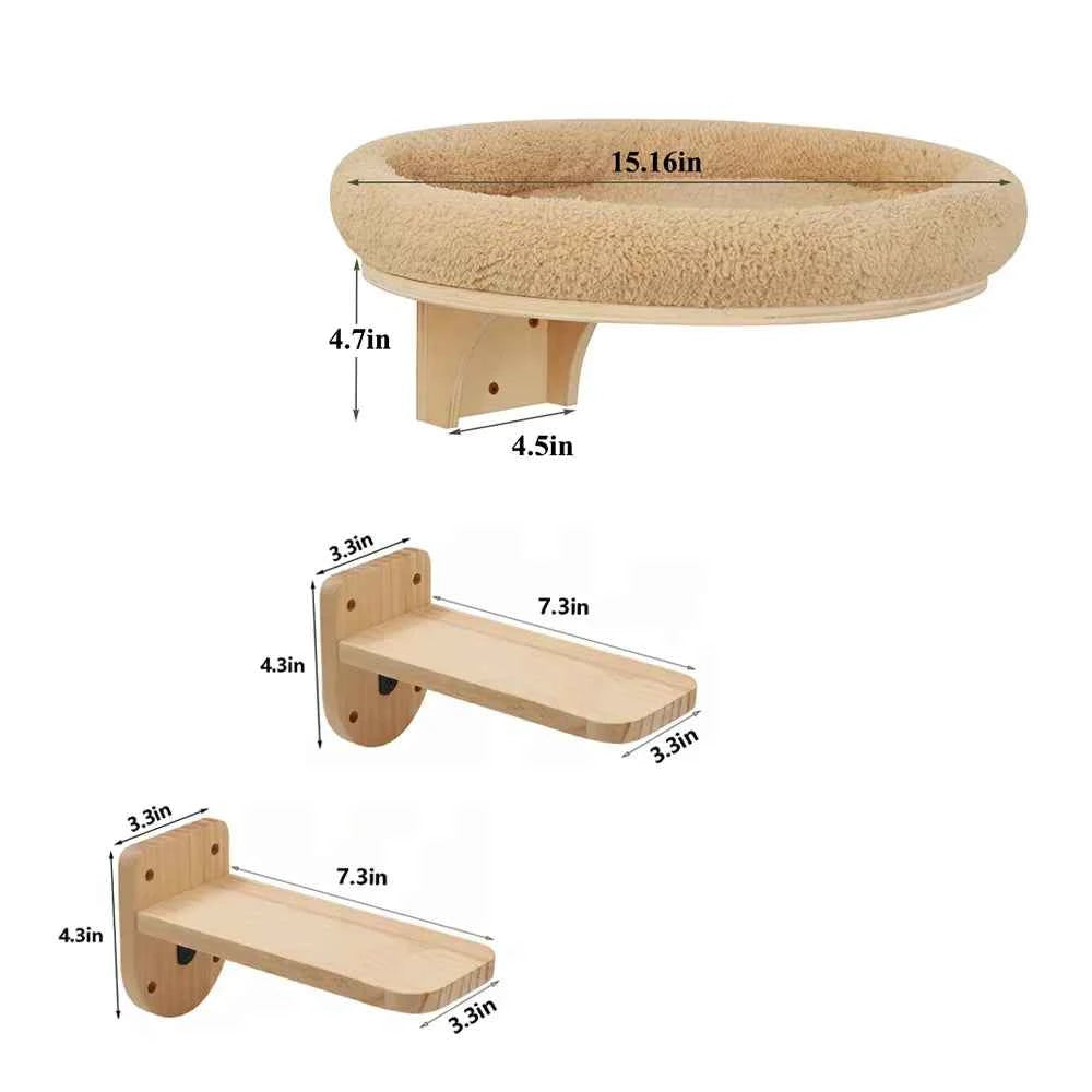 Cat Wall Mounted Solid Wooden Furniture & Climbing Ladder and Cat Hammock with Scratching Post for Activity Indoor Cats Perches