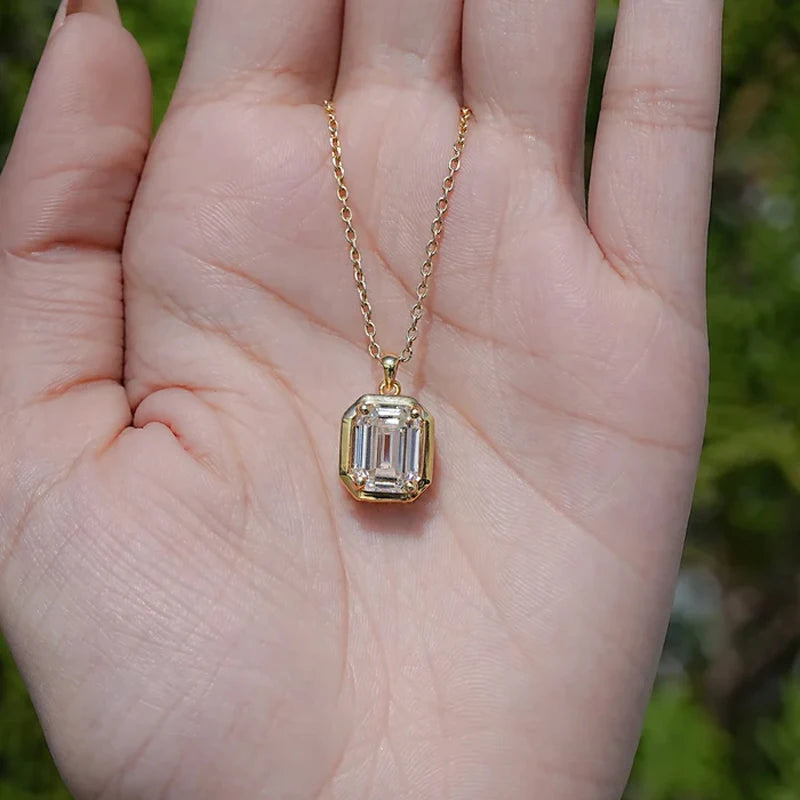OXTAO Minimalist Moissanite Solitaire Pendant Necklace, Emerald Cut D VVS1 for Women, 14K Gold Filled Charm Necklace