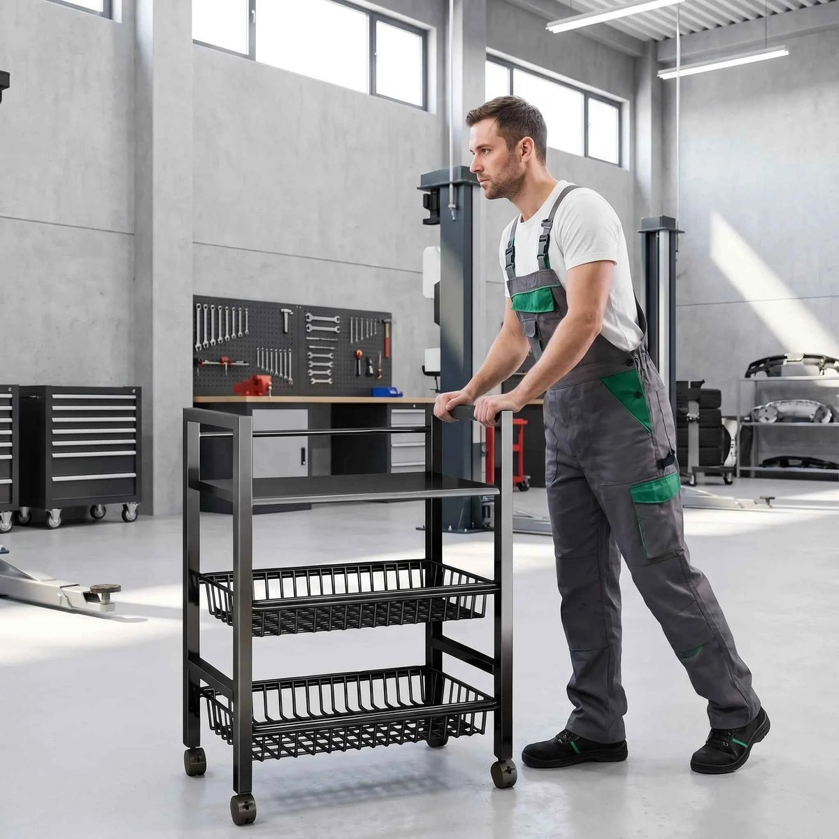 3-Tier Rolling Storage Cart with 2 Pull Out Mesh Baskets Carbon Steel Heavy Duty Utility Shelf. Easy Movement Fits Narrow Gaps