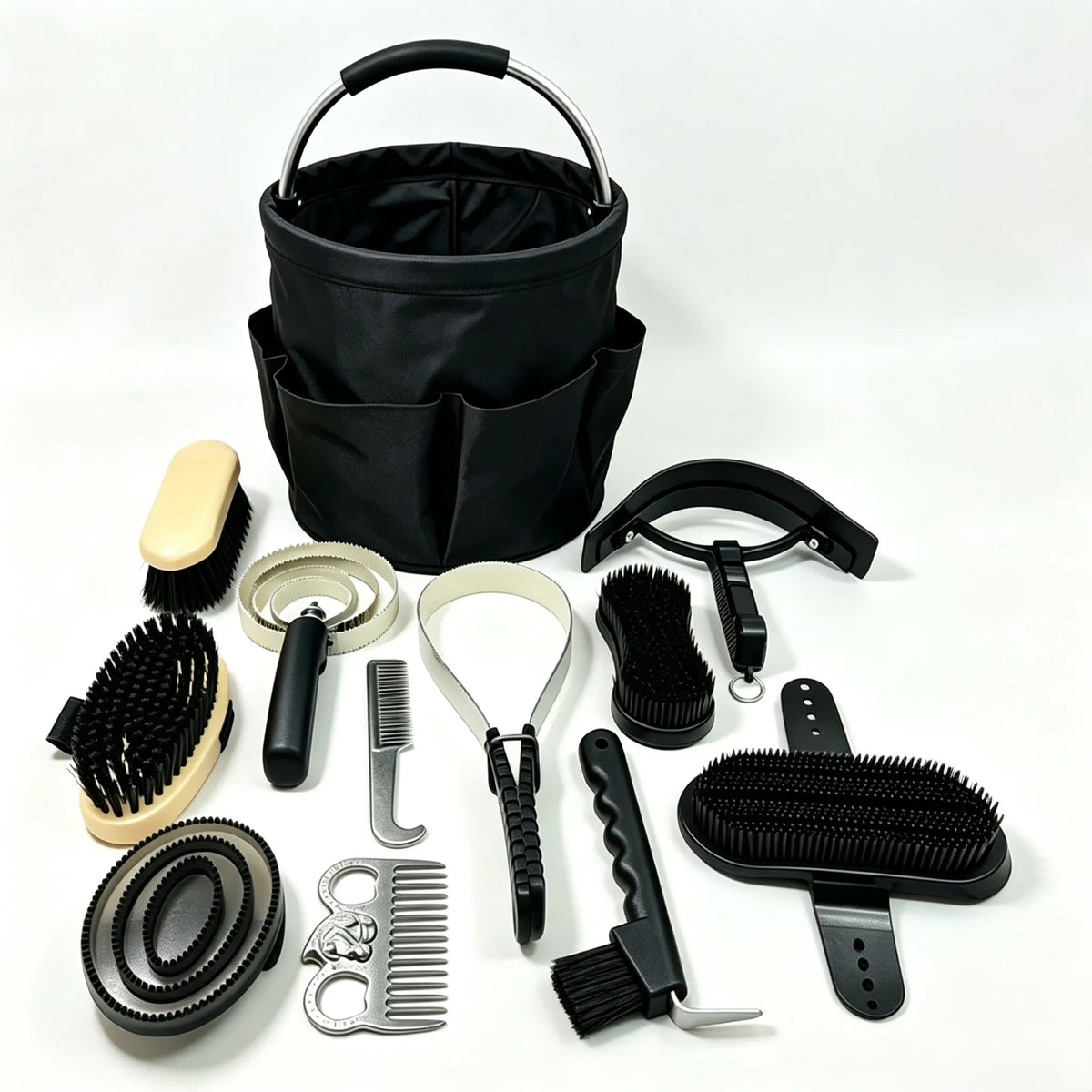 12Pcs Horse Grooming Kit Horse Care; Brushes & Combs Set with Foldable Storage Bucket. Equestrian Horse Cleaning Tools