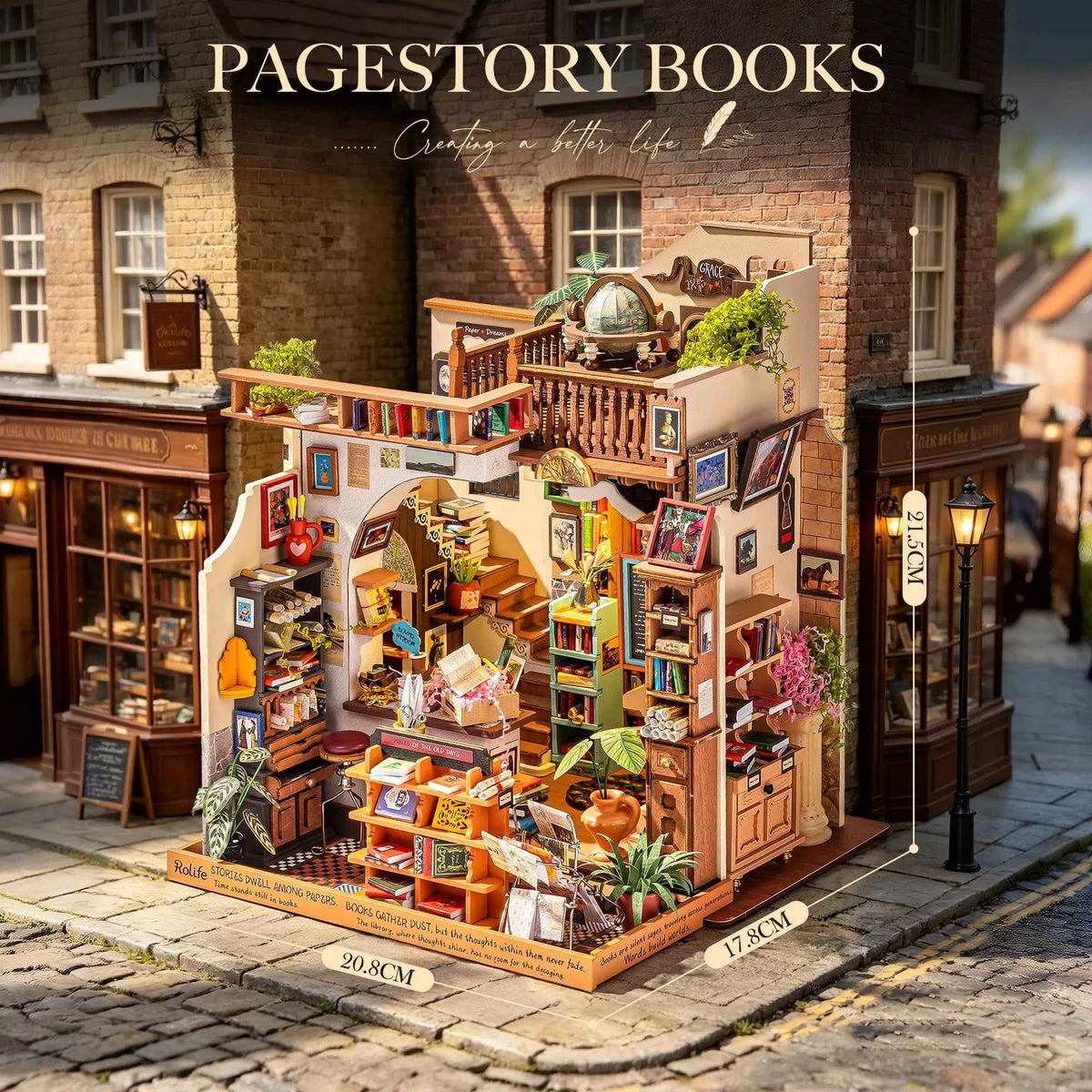 Rolife Wooden Dollhouse 3D Puzzle,  Page story Bookstore, DIY Miniature House Craft Kit Kit with LED Light for Bookshelf Decor. Brain Teasers, Jigsaw Toys, Holiday Gift for Book Lovers