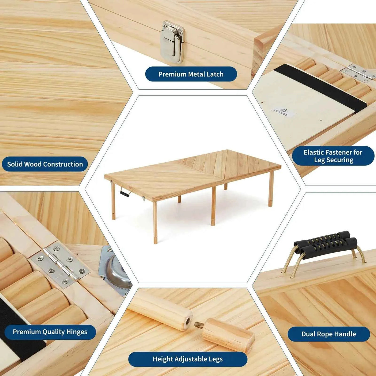 44/60in Solid Wood Portable Folding Picnic Table, Adjustable Height.  Low Table With Carry Handle, Compact Outdoor Table