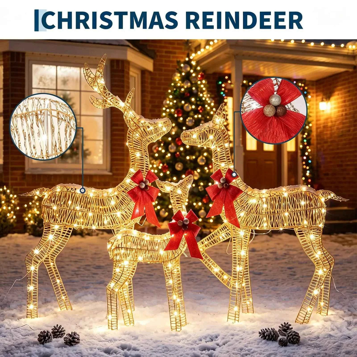3-Piece Lighted Christmas Deer Family Outdoor Decoration Set. 3FT Tall IP44 Waterproof with LED Lights for Lawn, Garden & Porch