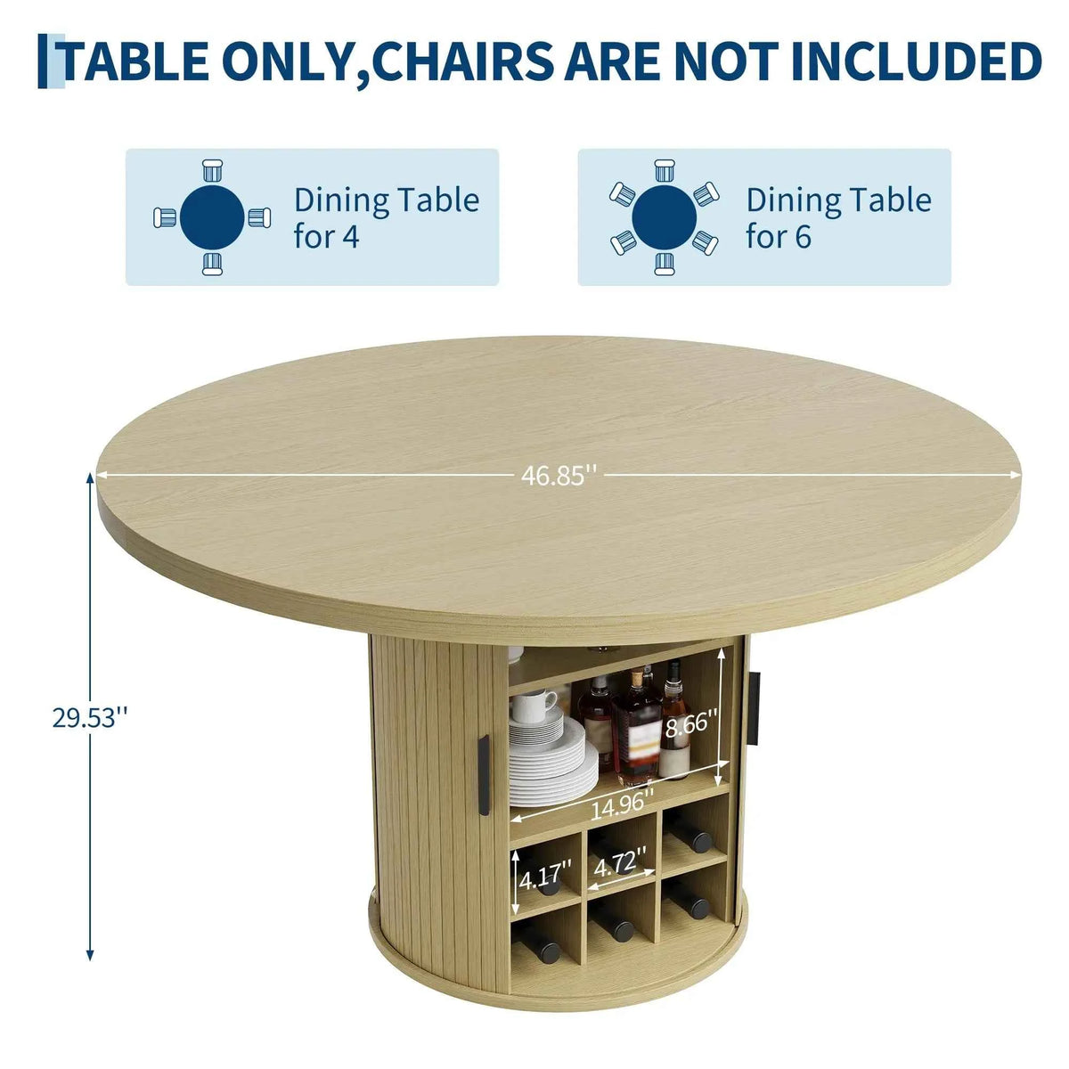 47 Inch Round Dining Table For 4-6 With Hidden Storage, 6 Bottle Wine Rack & Glass Holder, Kitchen Table For Home Dining