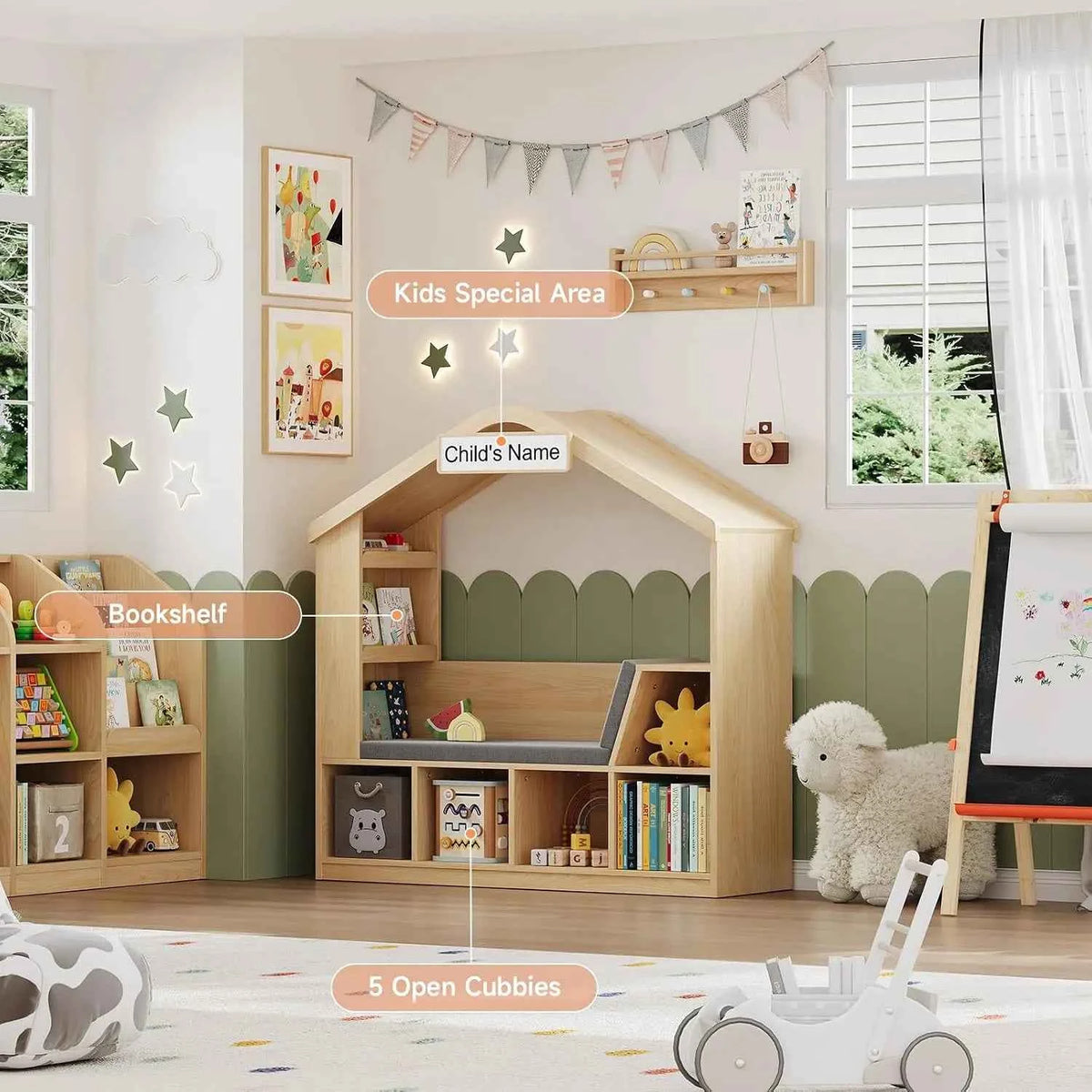 Kids Bookshelf with Reading Nook, Toy Storage Organizer