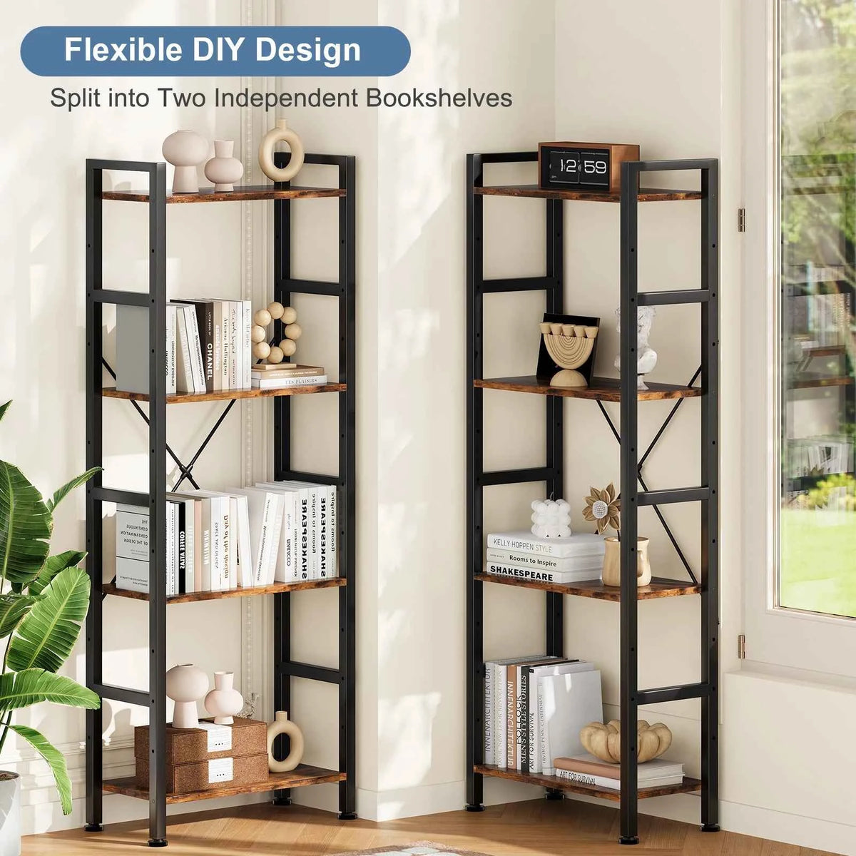 JHK 4 Tier Wide Display Bookshelf Combination. Adjustable Shelf Storage. Stable Frame with Graduated Shelves