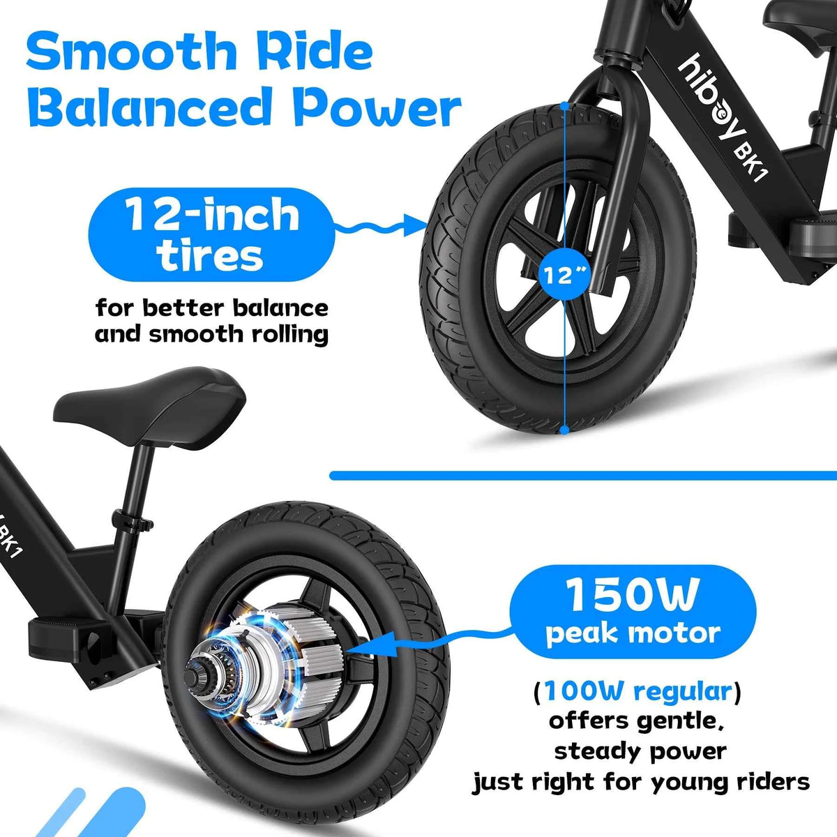 Hiboy BK1 Kids Electric Balance Bike with 12 Inch Tire, 5.6/9mph Speed, Adjustable Seat, 4.9 Miles Range for Ages 3-5