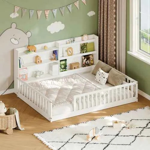 Full Size Floor Bed with Bookshelf & Safety Rails, Solid Pine Wood  Bed Frame, Low-to-Ground  for Kids or Toddler Bed with Wide Entrance, Natural