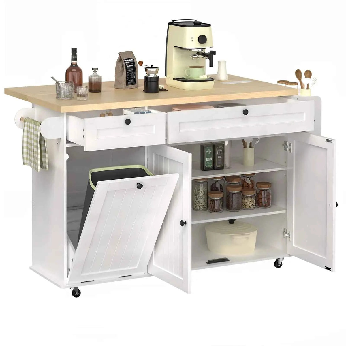 60" Mobile Kitchen Island Cabinet. Table Drop Leaf for additional space. With  Power Outlet, Spice & Towel Racks, Drawers and knife holders, Trash