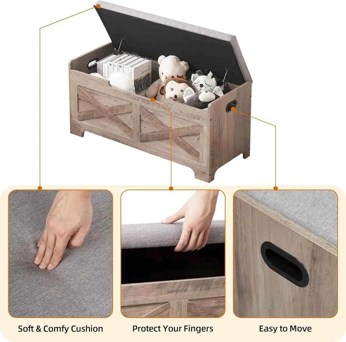 Storage Bench Storage Chest with 2 Safety Hinges Liftable top Shoe Bench Retro Wooden for Entryway, Bedroom, Living Room