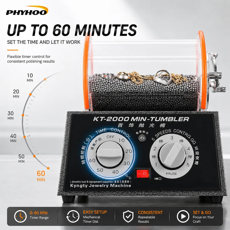 PHYHOO 5KG Jewelry Tumbler Polisher, 110V 5 Speed Rotary Tumbler, 60Min Timer. Jewelry Polishing Machine. US Warehouse Fast Shipping