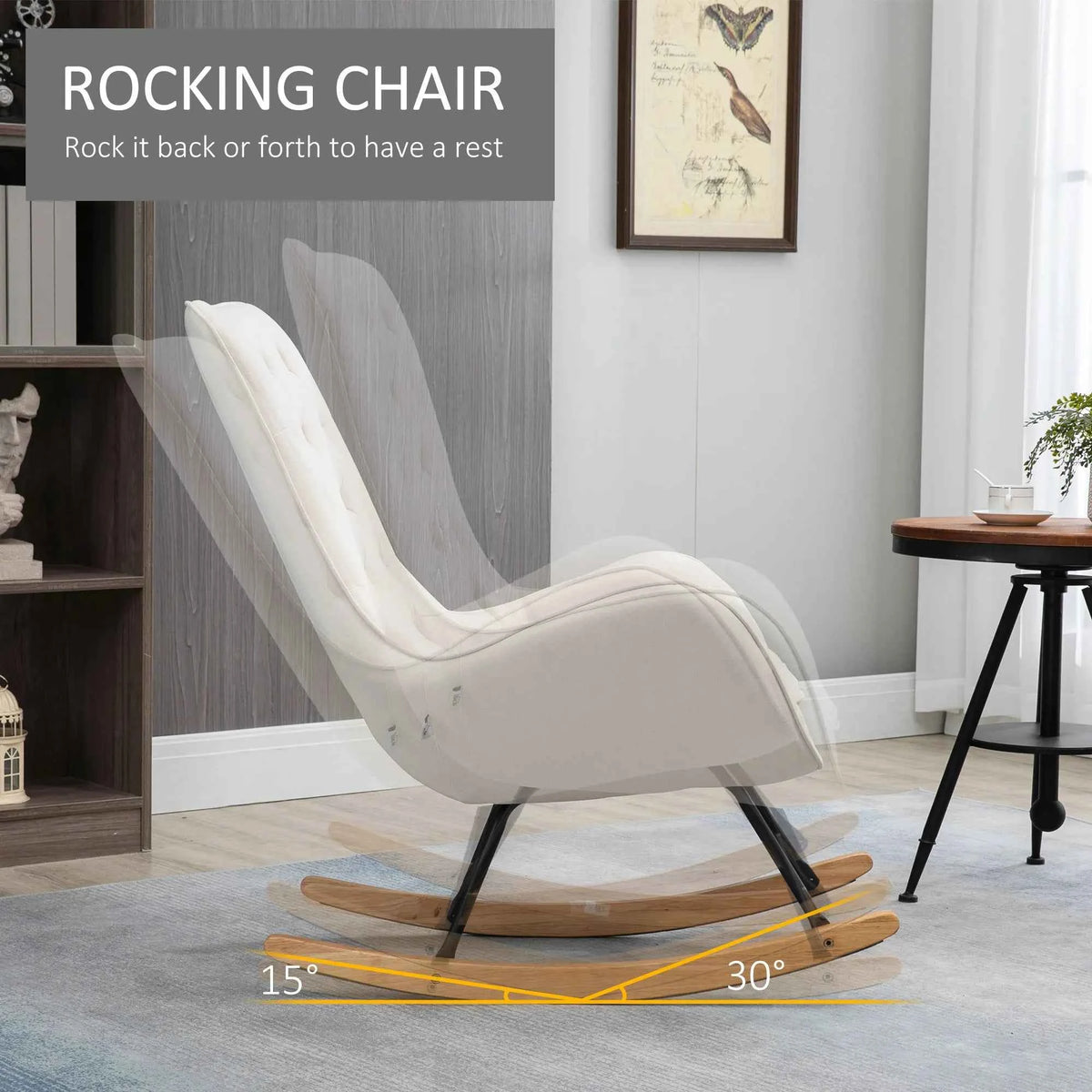 Diamond Padded Tufted High Back Accent Seat with Wooden Rockers and Low Armrest