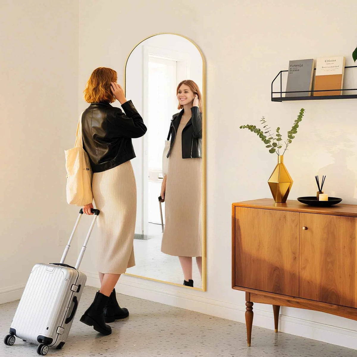 JHK Full Length Mirror with Stand., Tempered Glass, Aluminum Frame for Hanging or Leaning. Full Body.