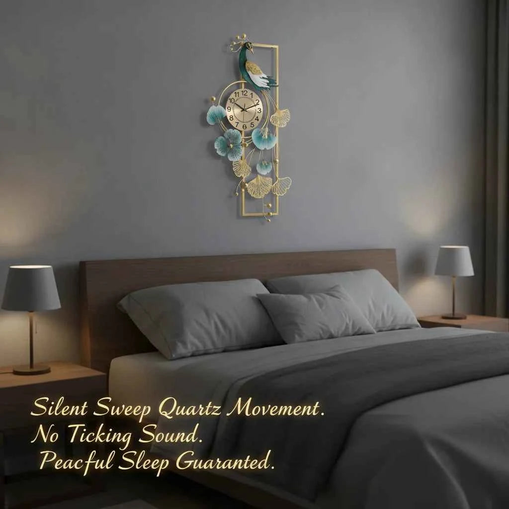 Peacock & Ginkgo Leaves Wall Clock 100x50cm, Modern Metal Wall Decor with Silent Sweep Movement, Decorative Art Clock, Gold