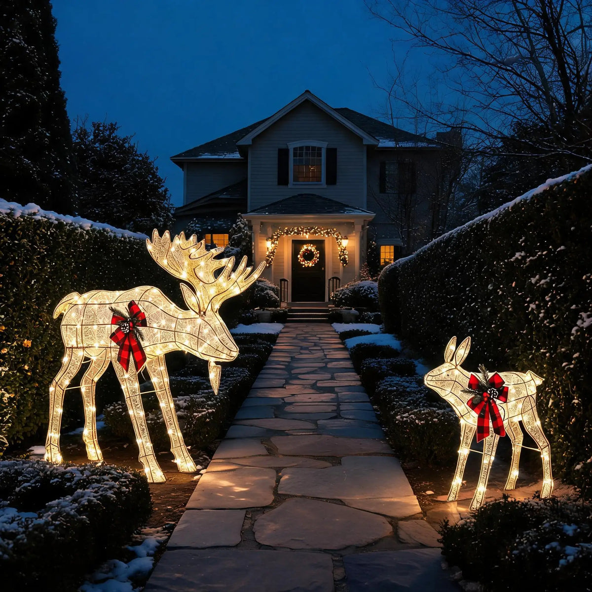 2 Piece Lighted Christmas Reindeer Family. Outdoor Yard Decoration with 240 LED Lights. Gold Glowing Reindeer Lawn Ornament.