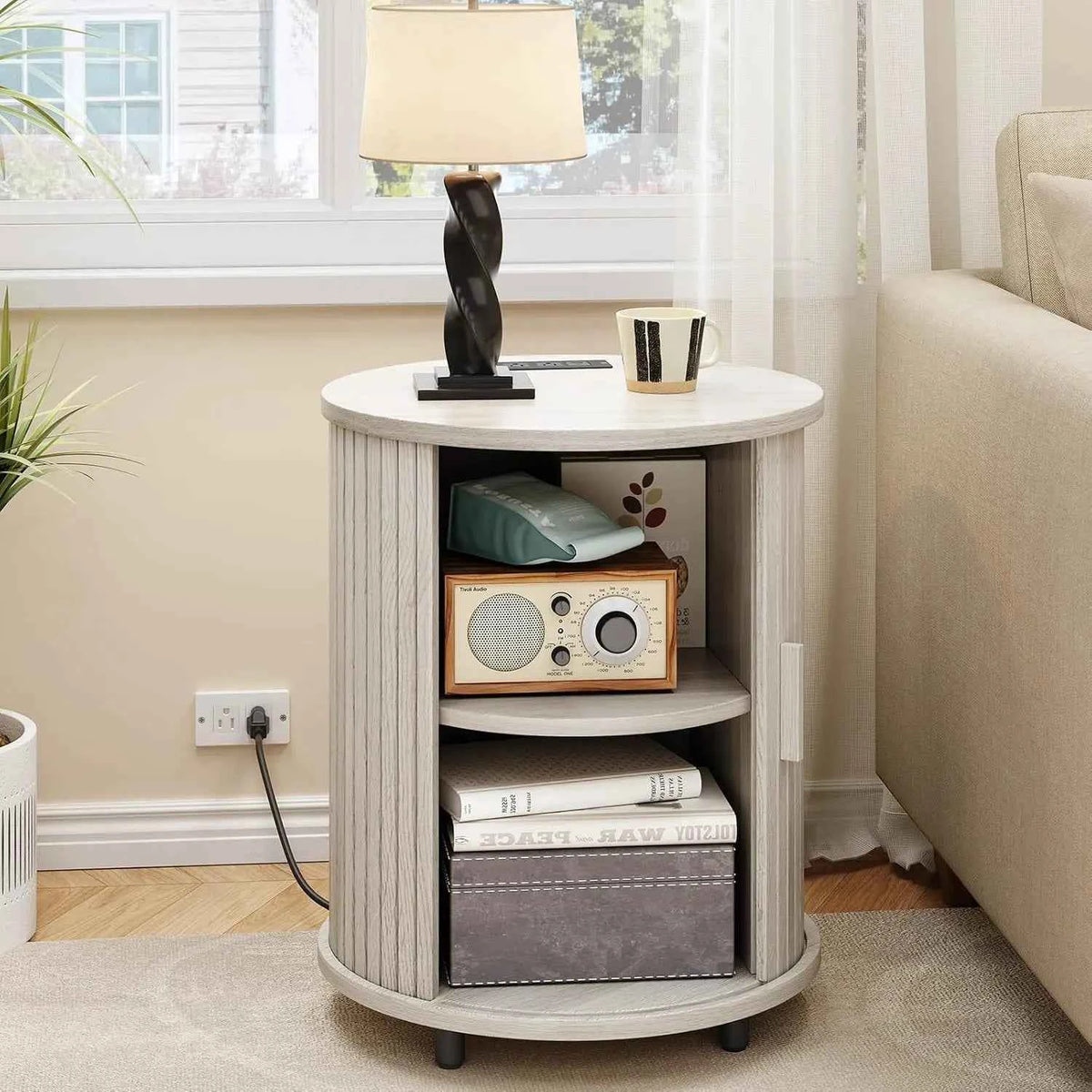 Black Small Round Side Table with Storage, Fluted Nightstand with Charging Station, Modern Bedside Tables, End Tables